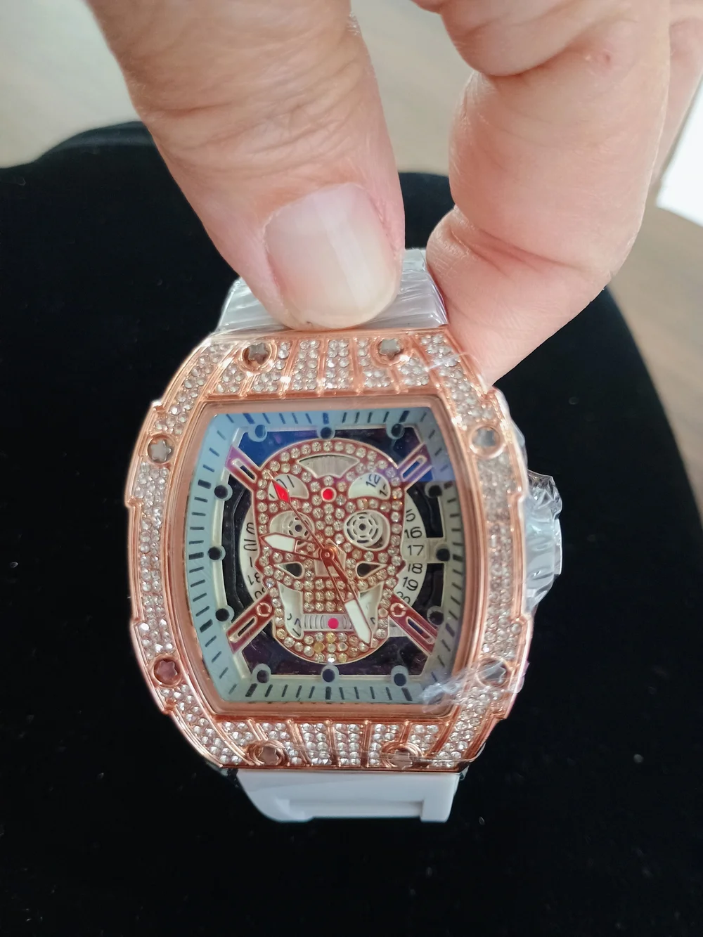 Gray Strap Rose Gold Skull Dial Men's Watch